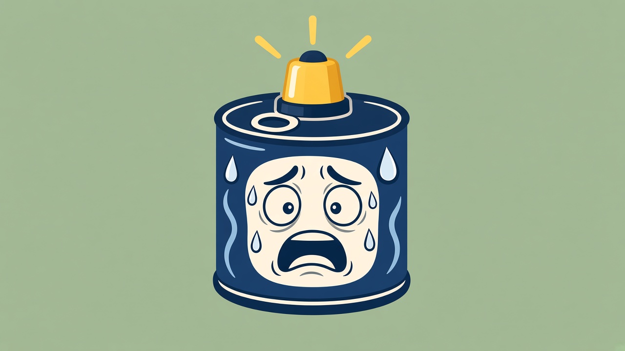 Cartoon navy can with a sweating, panicked face and a yellow siren on the lid